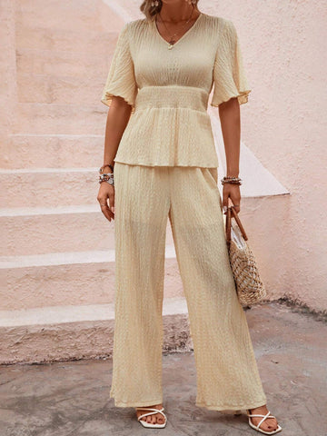 EMERY ROSE Solid Butterfly Sleeve Peplum Blouse & Wide Leg Pants