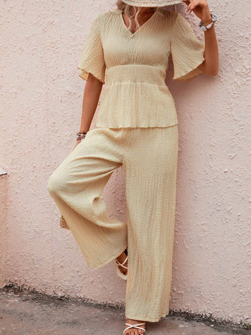 EMERY ROSE Solid Butterfly Sleeve Peplum Blouse & Wide Leg Pants