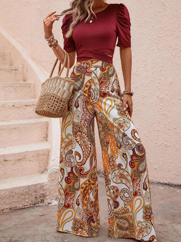 EMERY ROSE Puff Sleeve Tee & Paisley Print Wide Leg Pants