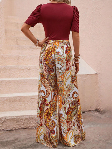 EMERY ROSE Puff Sleeve Tee & Paisley Print Wide Leg Pants