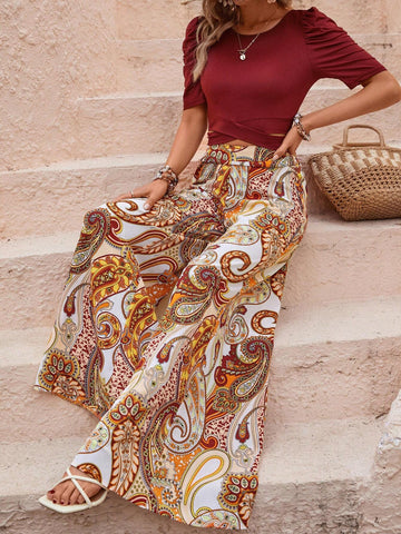 EMERY ROSE Puff Sleeve Tee & Paisley Print Wide Leg Pants
