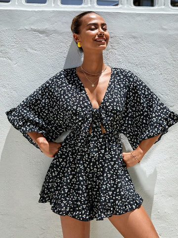 Ditsy Floral Tie Front Flounce Sleeve Romper