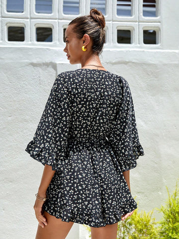 Ditsy Floral Tie Front Flounce Sleeve Romper