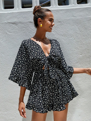 Ditsy Floral Tie Front Flounce Sleeve Romper