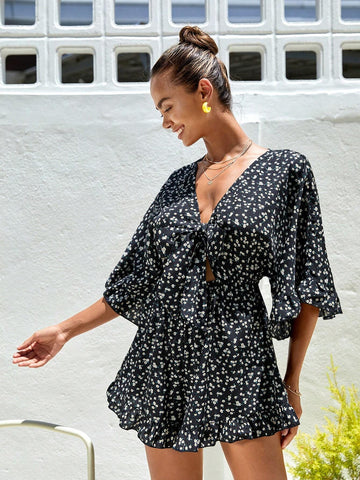 Ditsy Floral Tie Front Flounce Sleeve Romper