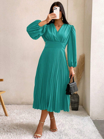 Surplice Neck Bishop Sleeve Pleated Hem Dress