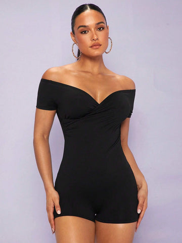 Solid Off Shoulder Unitard Romper