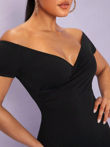 Solid Off Shoulder Unitard Romper