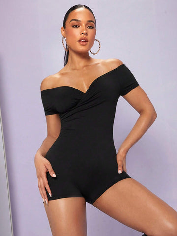 Solid Off Shoulder Unitard Romper