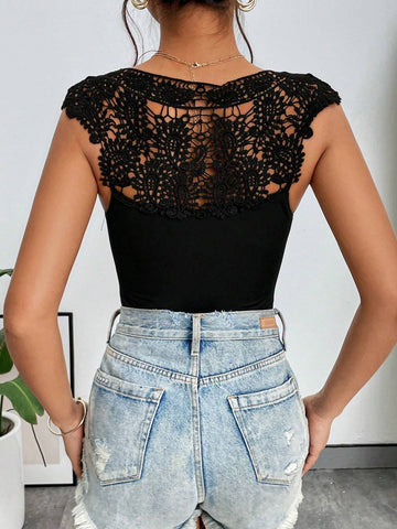Guipure Lace Panel Notched Neckline Bodysuit