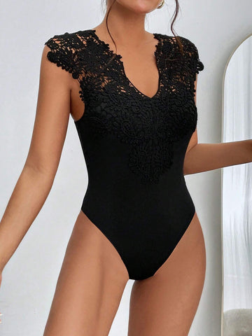 Guipure Lace Panel Notched Neckline Bodysuit