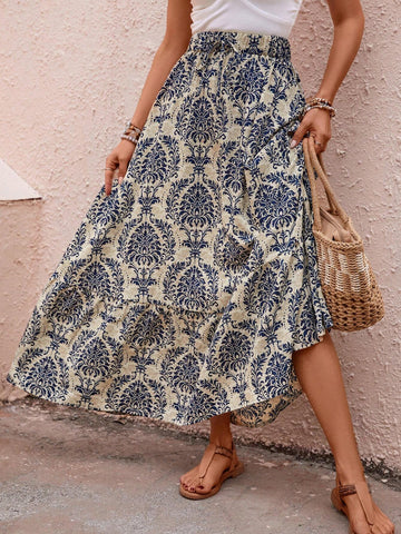 EMERY ROSE Allover Print Ruffle Hem Skirt
