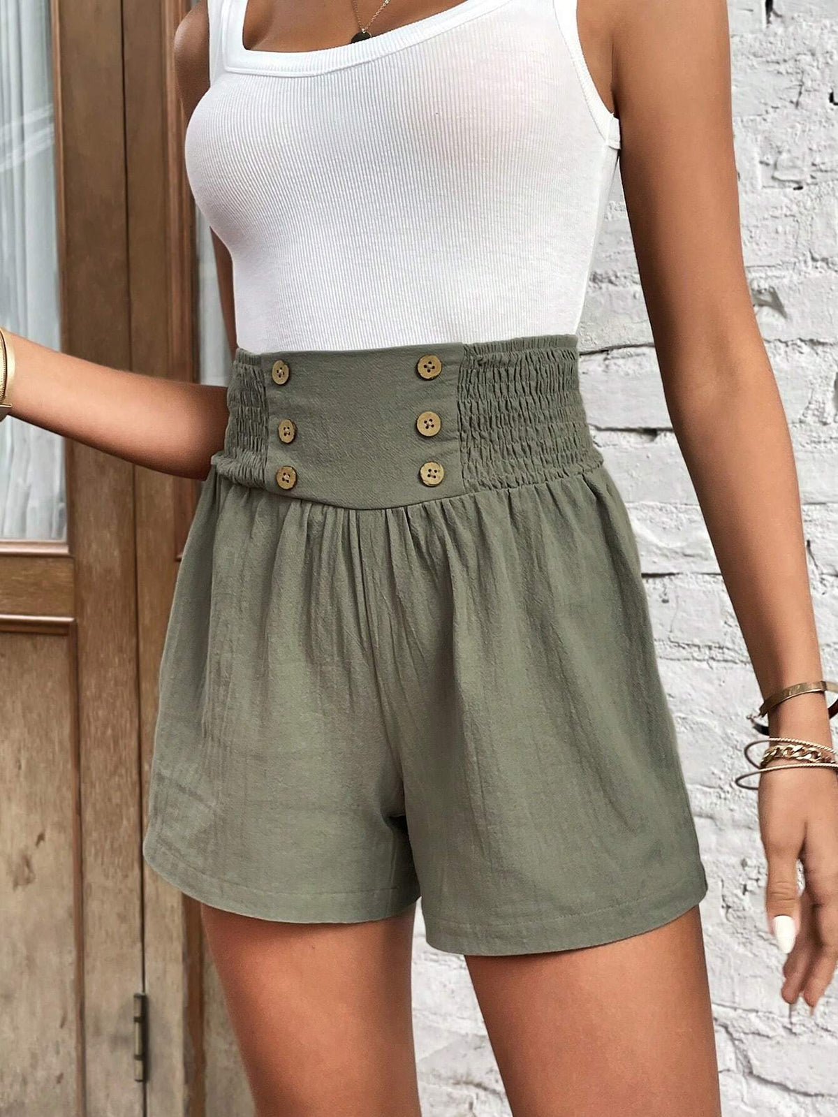 EMERY ROSE High Waist Button Detail Straight Leg Shorts