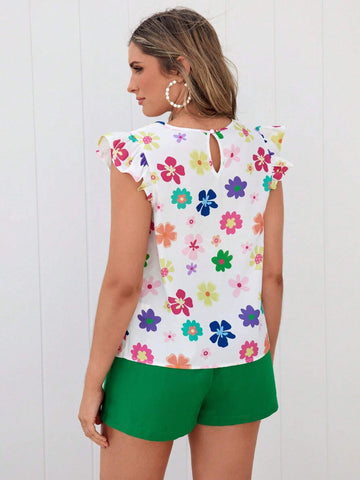EMERY ROSE Floral Print Ruffle Trim Belted Top & Shorts