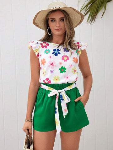 EMERY ROSE Floral Print Ruffle Trim Belted Top & Shorts