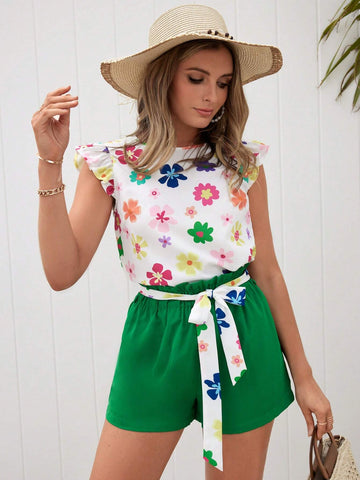 EMERY ROSE Floral Print Ruffle Trim Belted Top & Shorts