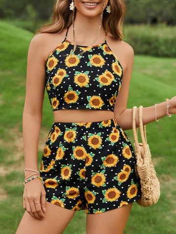 Sunflower Print Tie Backless Halter Top & Shorts