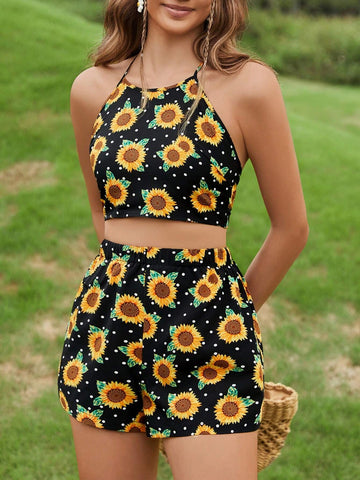 Sunflower Print Tie Backless Halter Top & Shorts