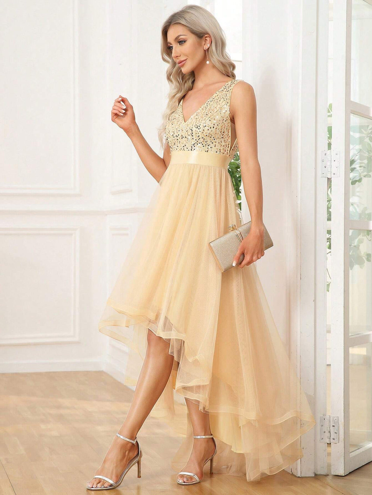EVER-PRETTY Contrast Sequin High Low Hem Mesh Bridesmaid Dress
