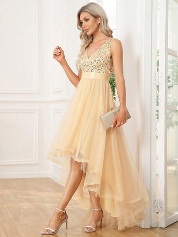 EVER-PRETTY Contrast Sequin High Low Hem Mesh Bridesmaid Dress