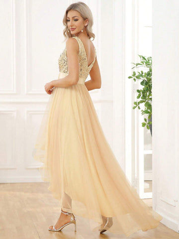 EVER-PRETTY Contrast Sequin High Low Hem Mesh Bridesmaid Dress