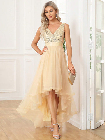 EVER-PRETTY Contrast Sequin High Low Hem Mesh Bridesmaid Dress