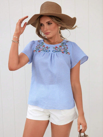 Floral Embroidery Butterfly Sleeve Blouse