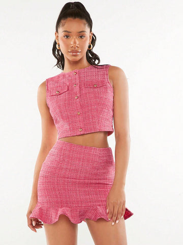 Button Front Crop Tank Top & Ruffle Hem Skirt