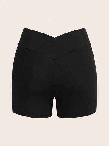 EZwear Solid Overlap Waist Biker Shorts