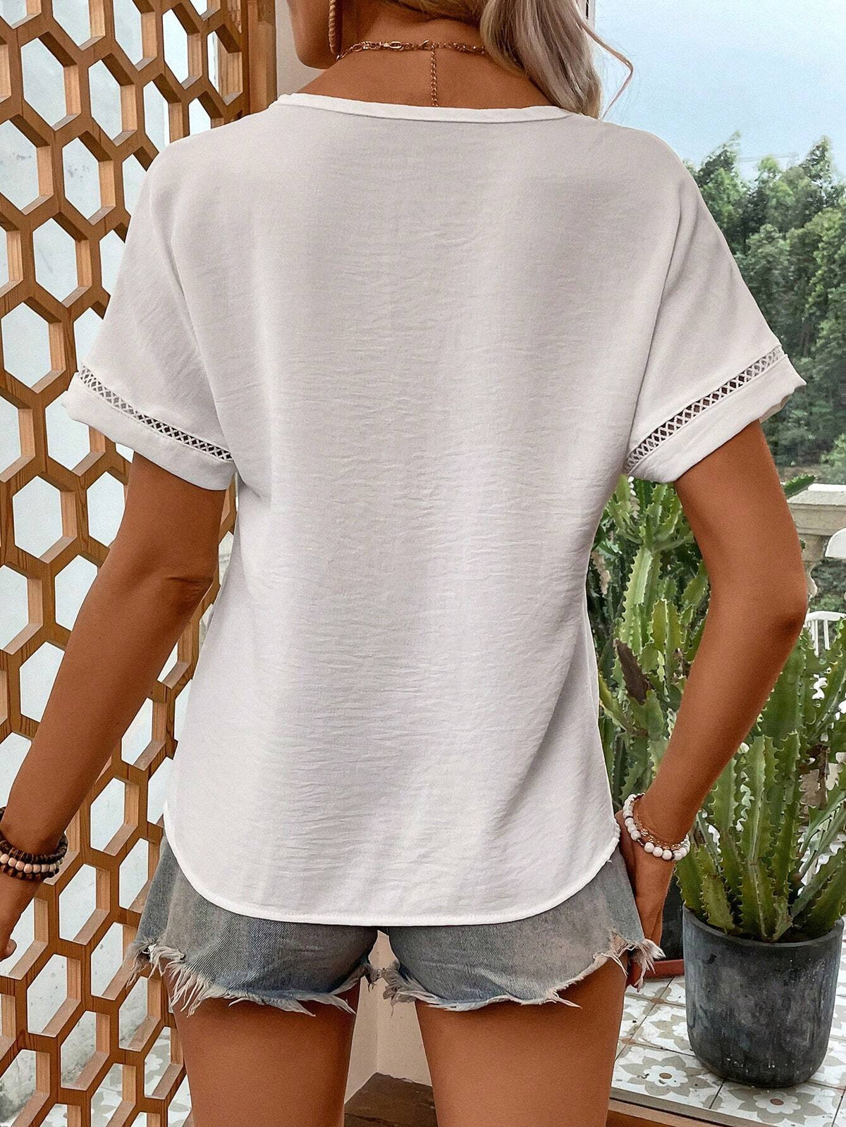 Contrast Lace Dolman Sleeve V Neck Blouse