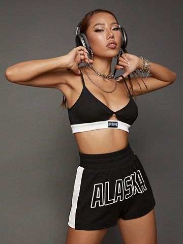 Letter Graphic Cami Top & Contrast Side Seam Shorts