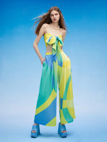 Colorblock Tie Front Tube Top & Wide Leg Pants