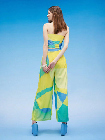 Colorblock Tie Front Tube Top & Wide Leg Pants