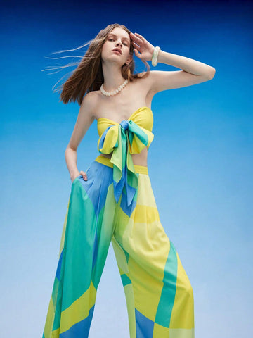 Colorblock Tie Front Tube Top & Wide Leg Pants