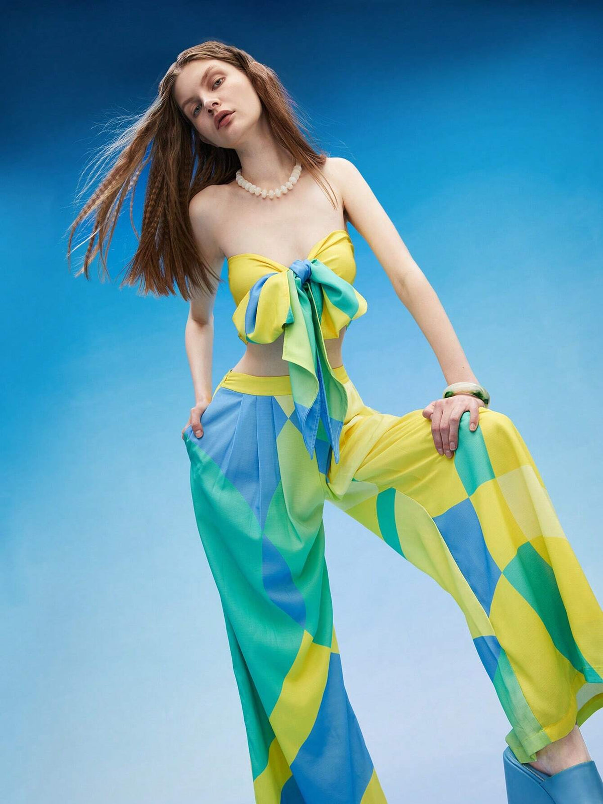 Colorblock Tie Front Tube Top & Wide Leg Pants