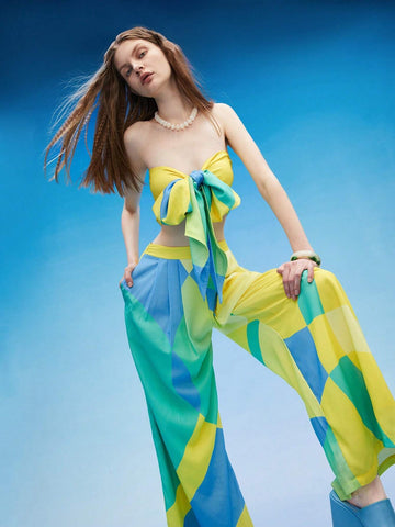 Colorblock Tie Front Tube Top & Wide Leg Pants