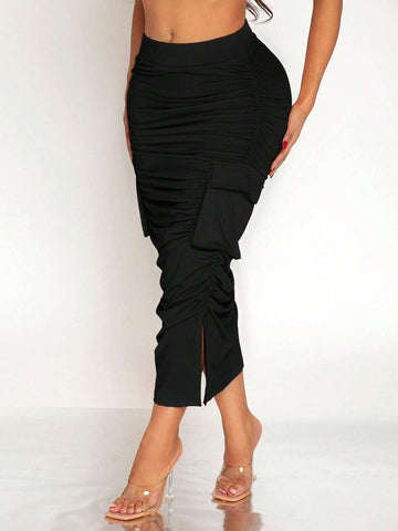 SXY Flap Pocket Ruched Split Hem Skirt