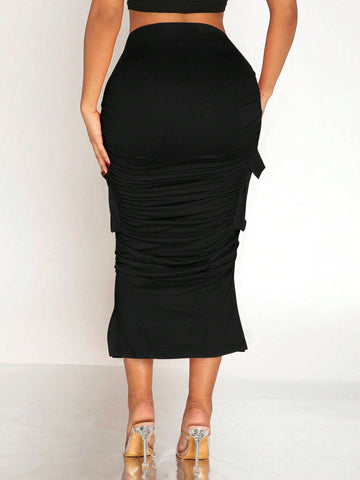SXY Flap Pocket Ruched Split Hem Skirt