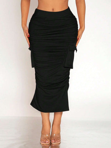 SXY Flap Pocket Ruched Split Hem Skirt