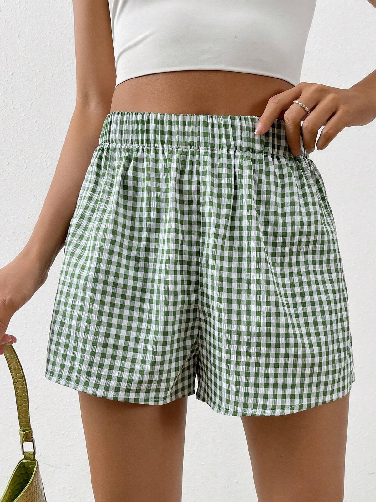 EZwear Gingham Print Elastic Waist Shorts