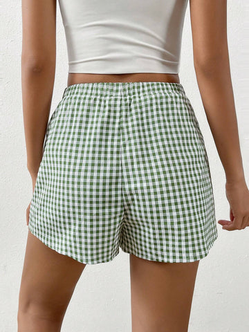 EZwear Gingham Print Elastic Waist Shorts