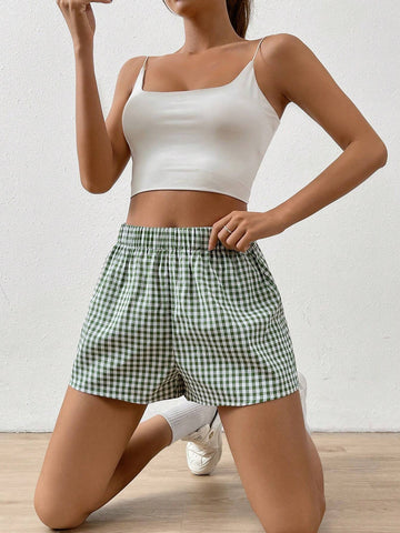 EZwear Gingham Print Elastic Waist Shorts