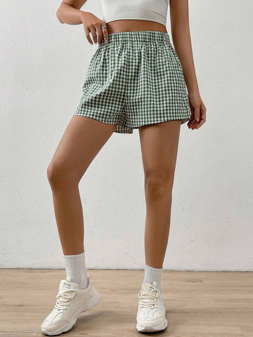 EZwear Gingham Print Elastic Waist Shorts