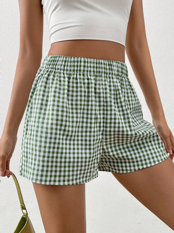 EZwear Gingham Print Elastic Waist Shorts