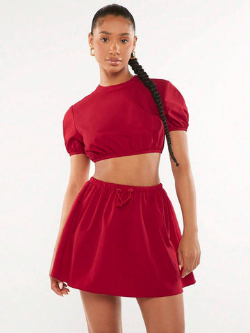 Solid Crop Top & Drawstring Front Skirt