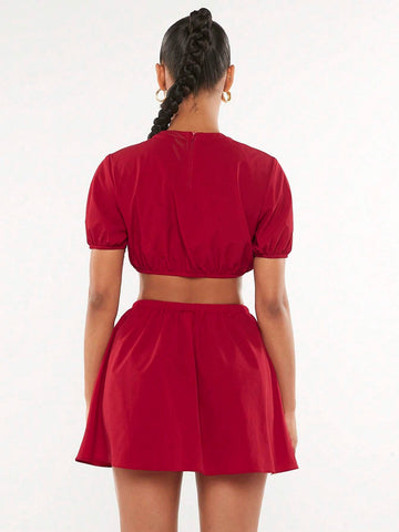 Solid Crop Top & Drawstring Front Skirt