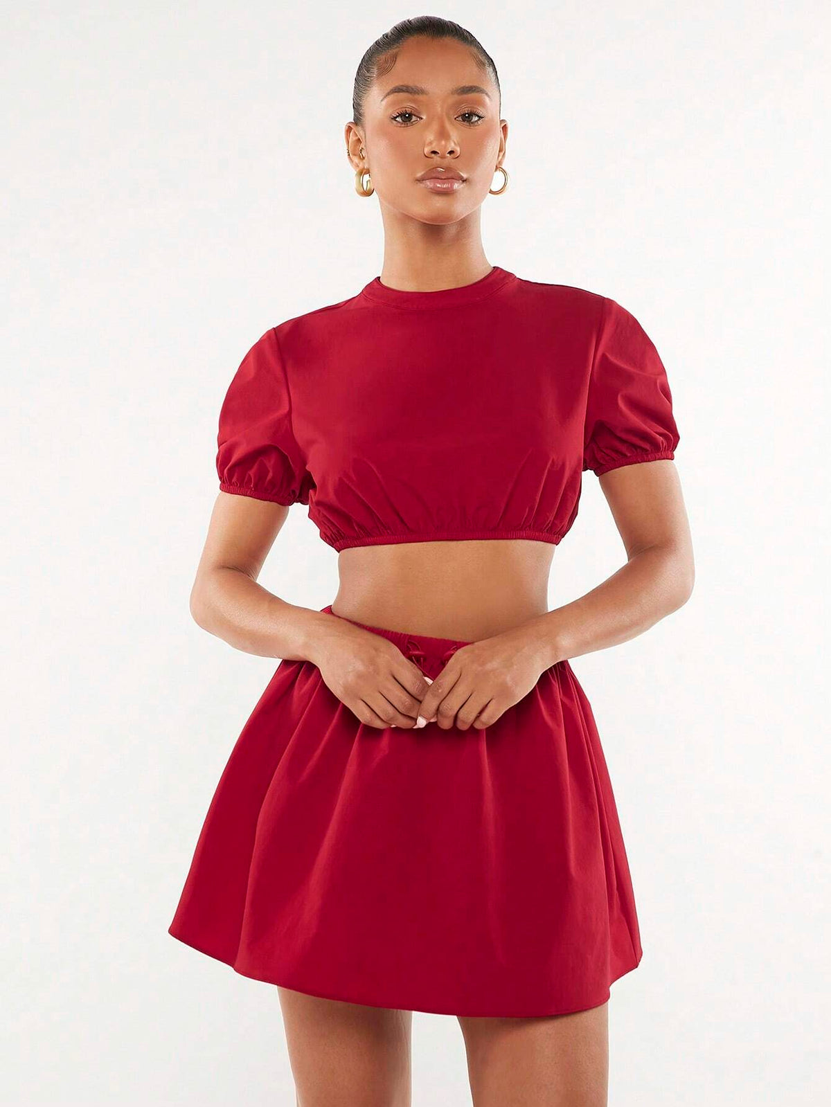Solid Crop Top & Drawstring Front Skirt