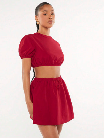 Solid Crop Top & Drawstring Front Skirt