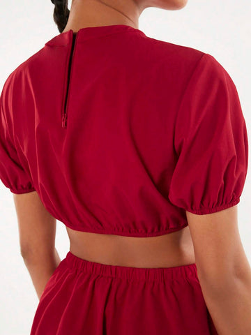 Solid Crop Top & Drawstring Front Skirt