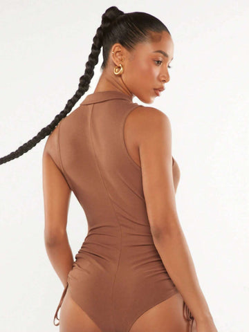 Drawstring Ruched Side Button Front Tank Bodysuit